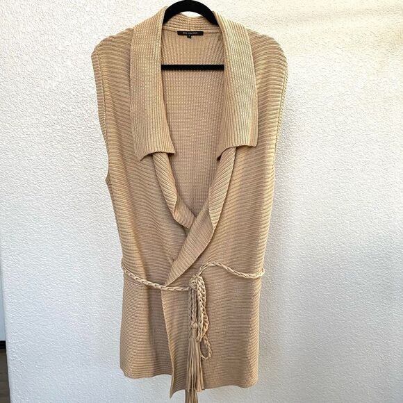 Kobi Halperin Tan Sleeveless Shawl Collar Draped Cotton Cardigan, Size L - Picture 3 of 7